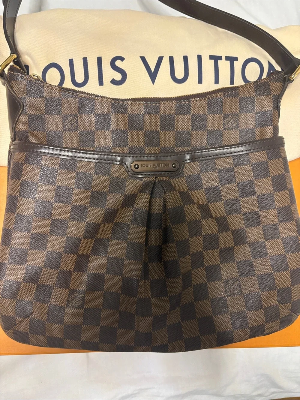 Louis Vuitton Damier Ebene Shoulder Bag with Dark Brown Trim and Gold Hardware